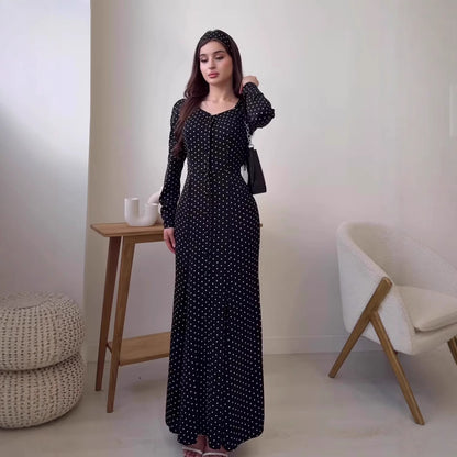 Long Sleeve Square Neck Polka Dot Button Front Maxi Dress