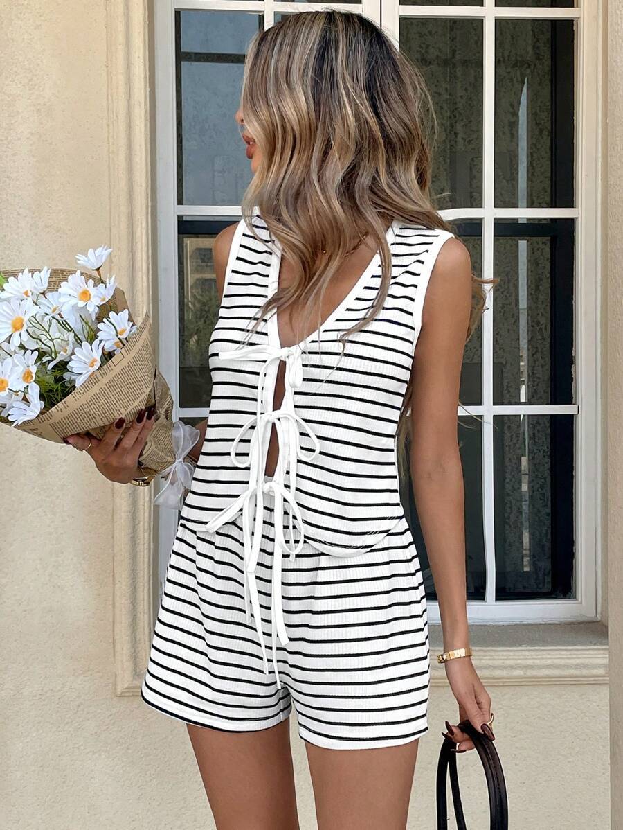Striped Lace Up Sleeveless Romper Casual Summer Set