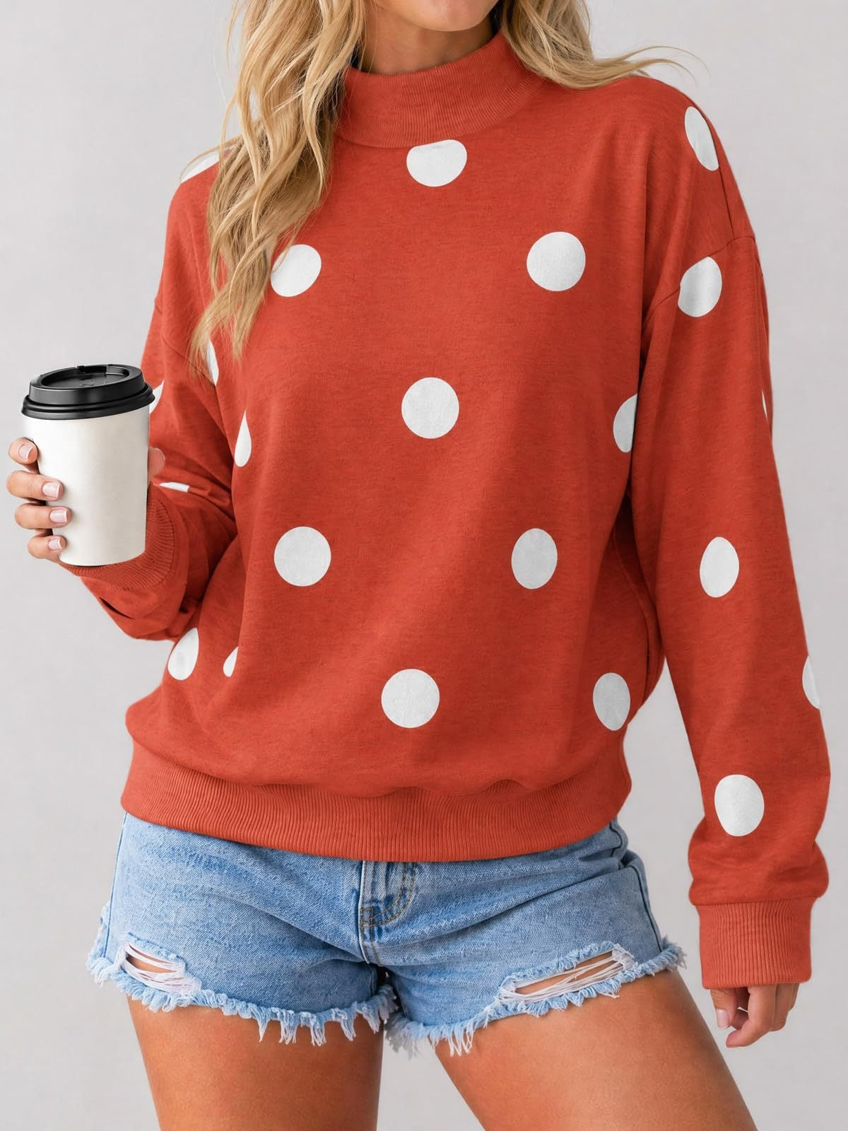 Women’s Contrast Polka Dot Mock Neck Oversized Sweatshirt
