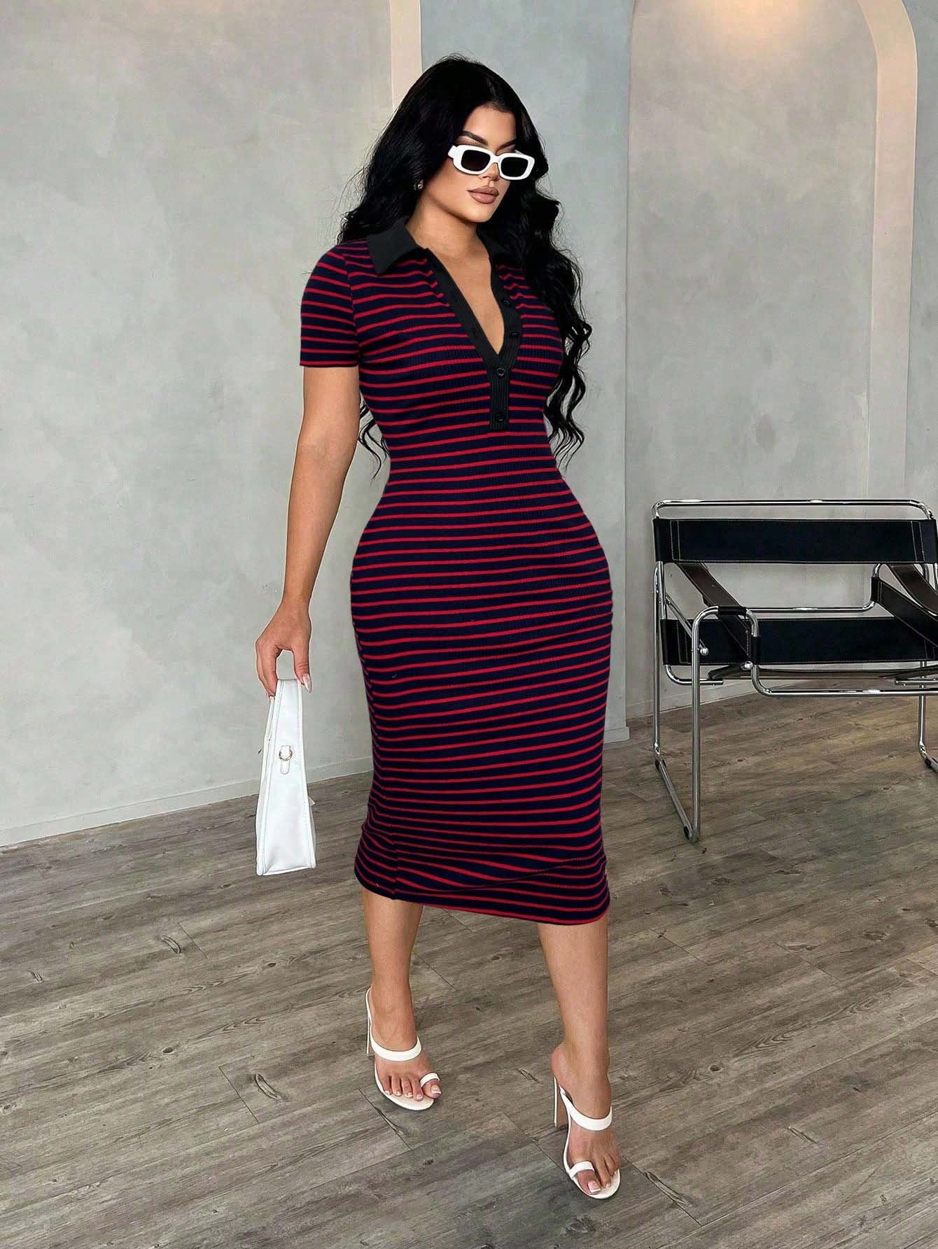 Polo Collar Stripe Bodycon Midi Dress Short Sleeve Casual