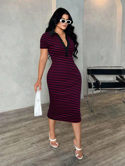 Polo Collar Stripe Bodycon Midi Dress Short Sleeve Casual