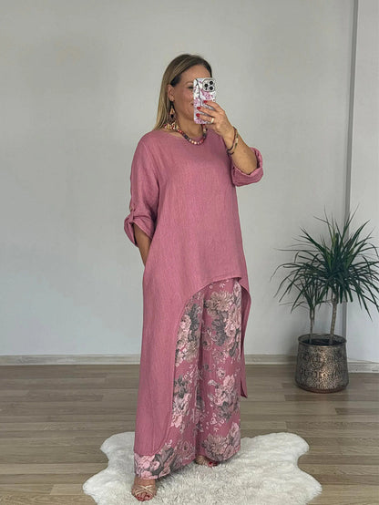 Women's Linen Asymmetric Top Floral Wide Leg Pants Set