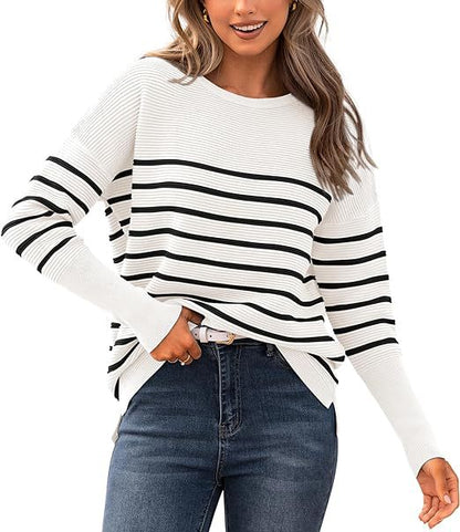 Women's Striped Crew Neck Pullover Knit Sweater