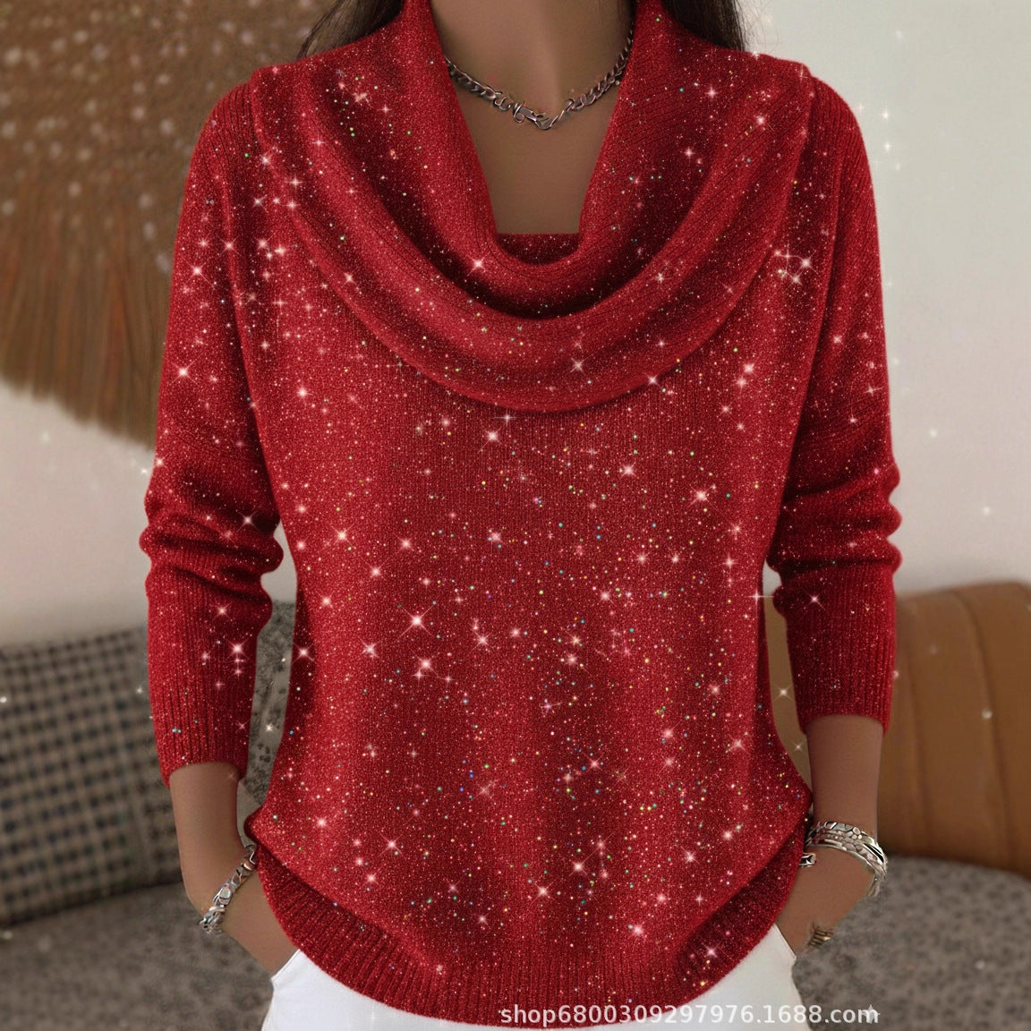 Sequin Cowl Neck Sweater Women Sparkle Pullover Top