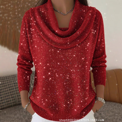 Sequin Cowl Neck Sweater Women Sparkle Pullover Top