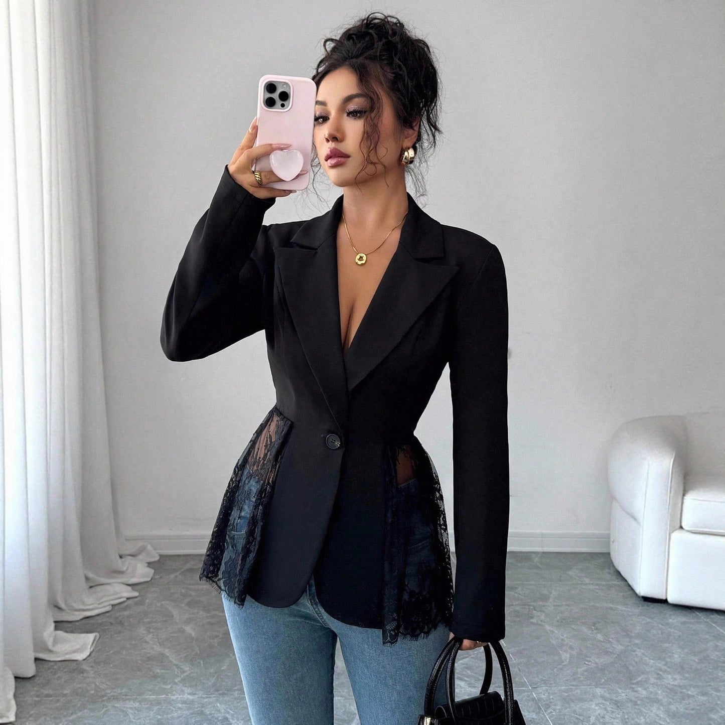 Colorblock Lace Waist Fitted A-Line Blazer for Women