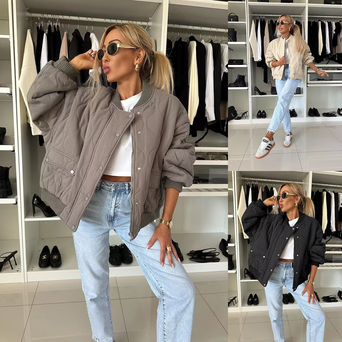 Women's Quilted Cropped Zip Up Puffer Bomber Jacket