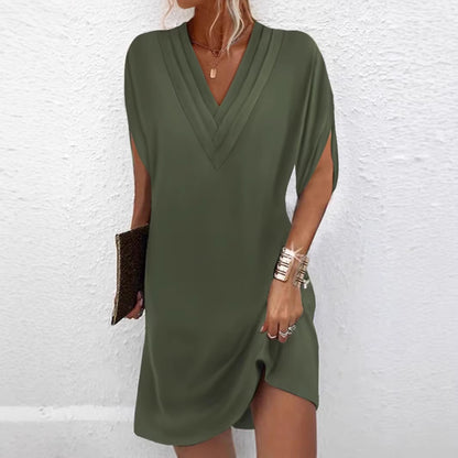Solid V Neck Batwing Sleeve Mini Dress Casual Shift