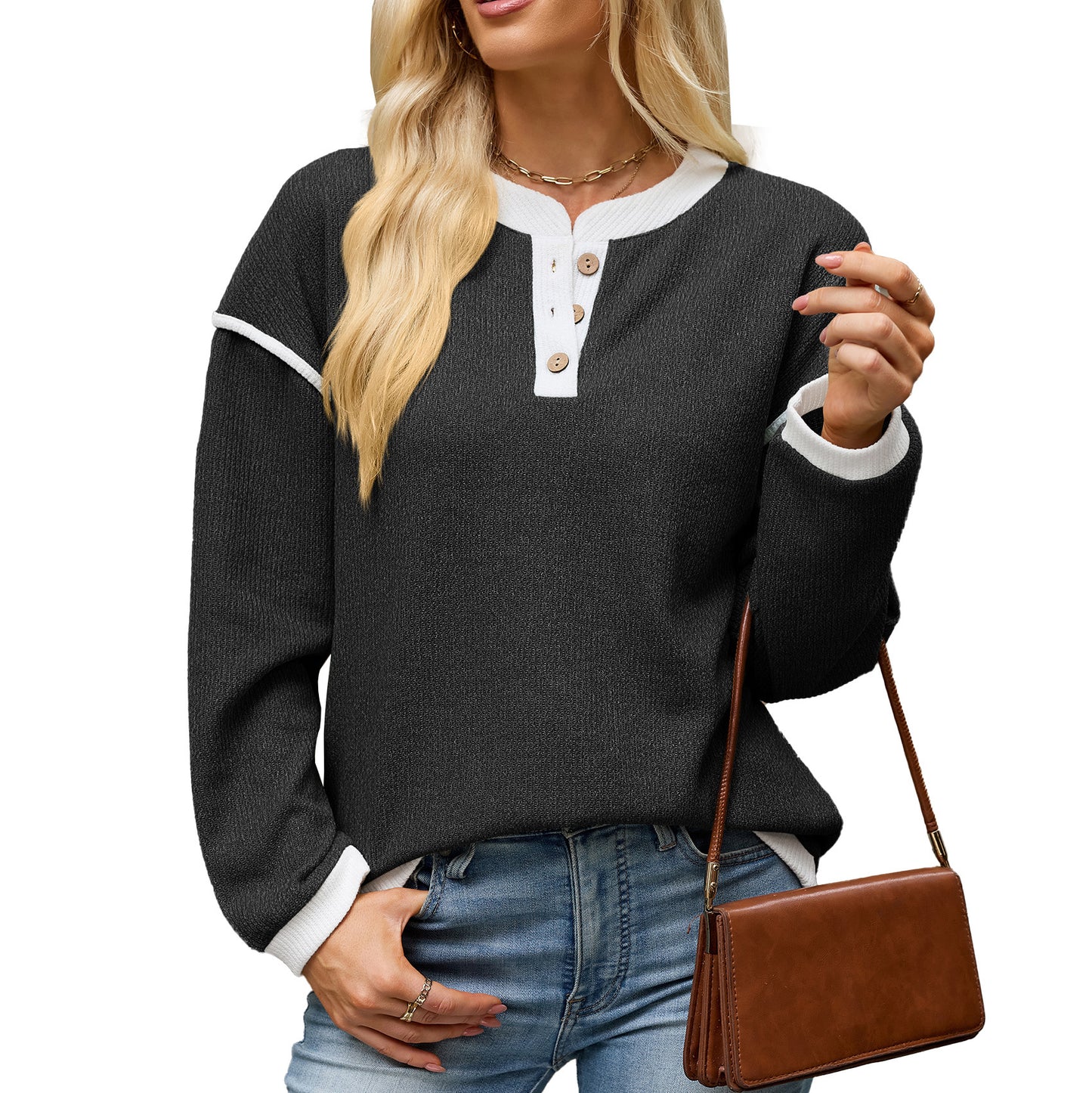 Women's Contrast Henley Long Sleeve Loose Casual Top