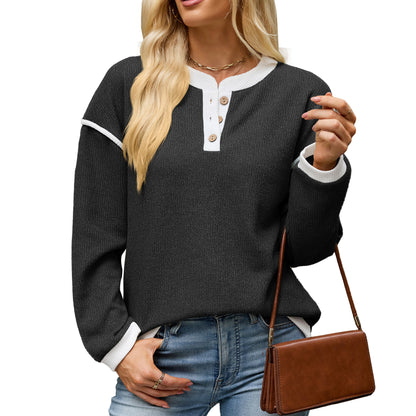 Women's Contrast Henley Long Sleeve Loose Casual Top