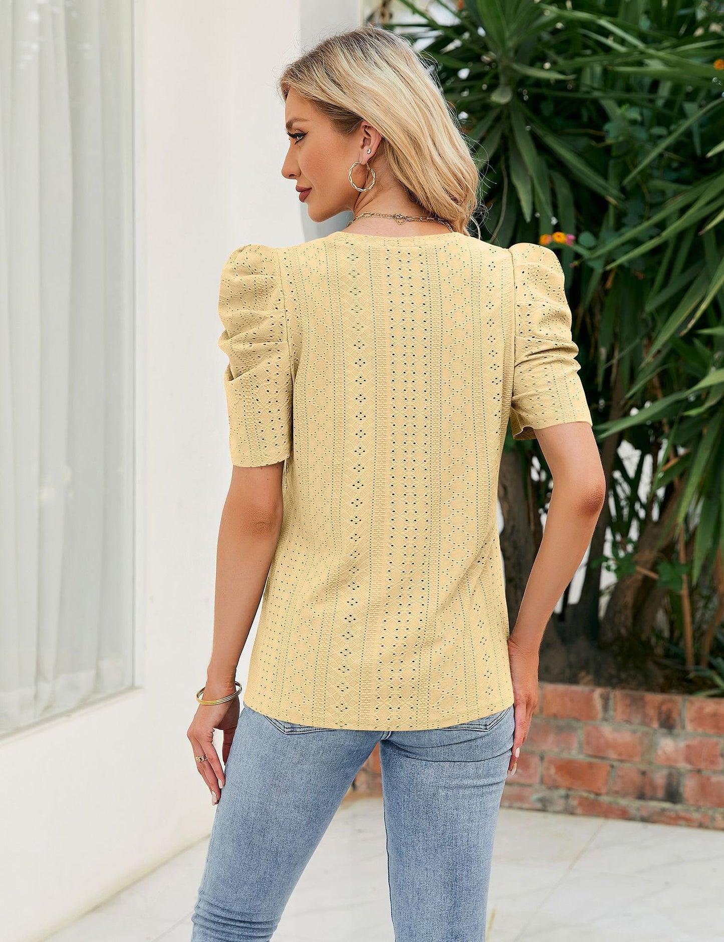 Loose Fit Ruched Sleeve Lace Knit T-Shirt for Women