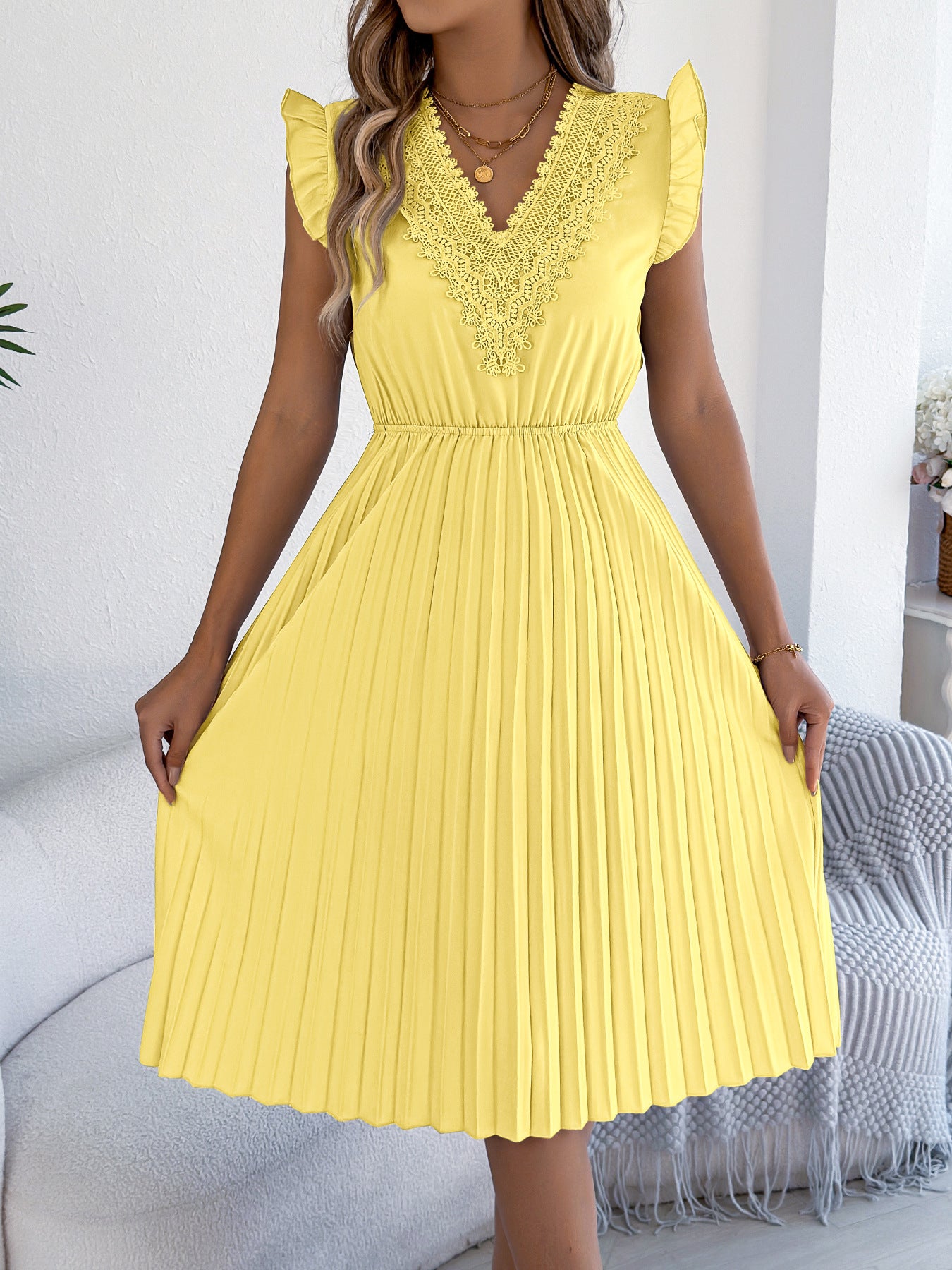 Lace V Neck Pleated Midi Dress with Ruffle Sleeves