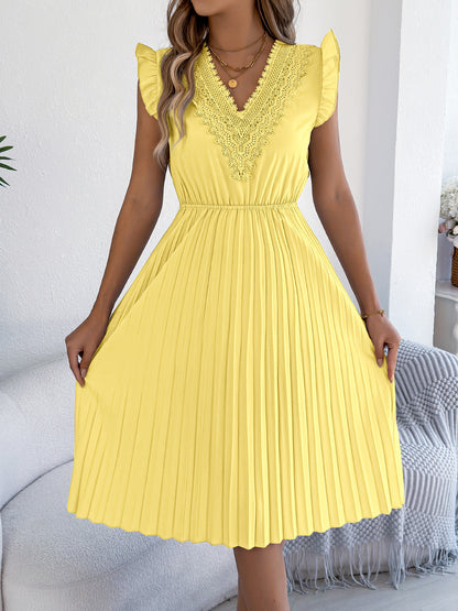 Lace V Neck Pleated Midi Dress with Ruffle Sleeves