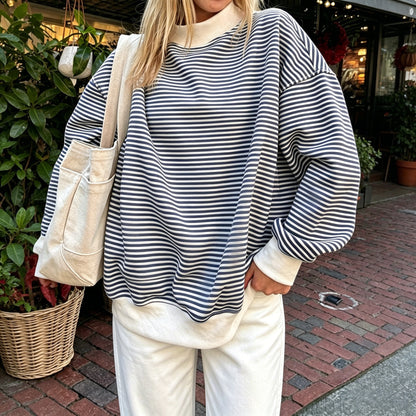 Red Striped Mock Neck Sweatshirt Oversized Pullover
