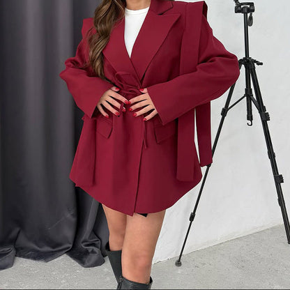Women's Striped Belted Blazer Casual Lapel Short Jacket