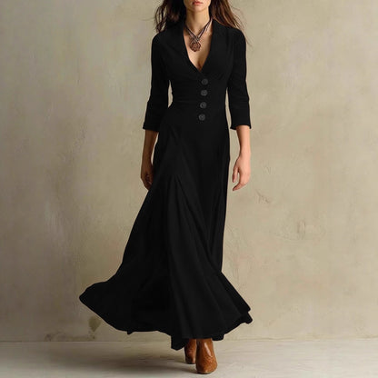 Collared Button Maxi Dress 3/4 Sleeve High Waist Flared