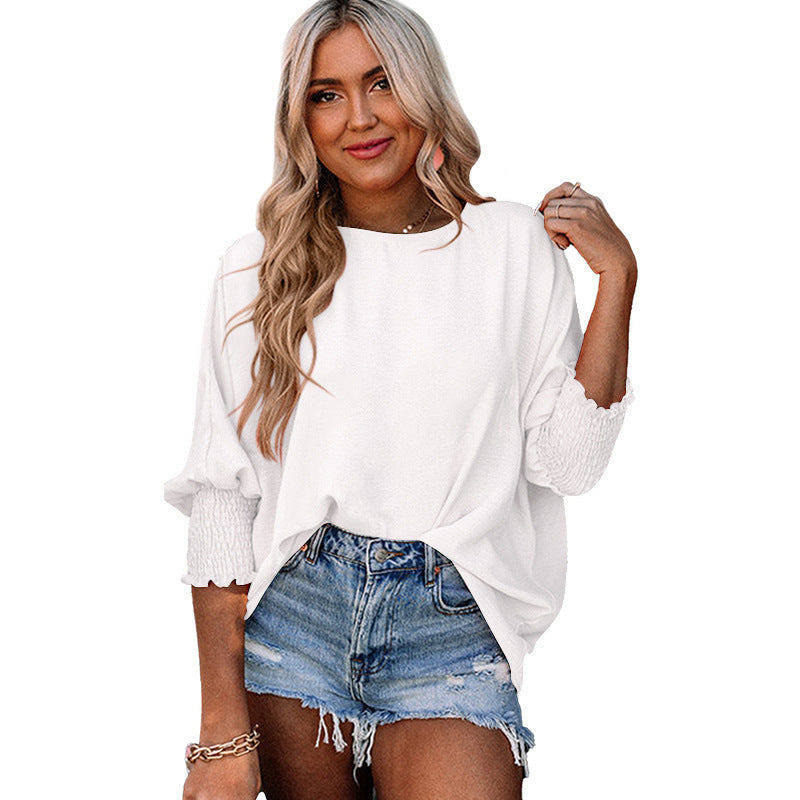 Loose Crew Neck Solid Color Wrap Top