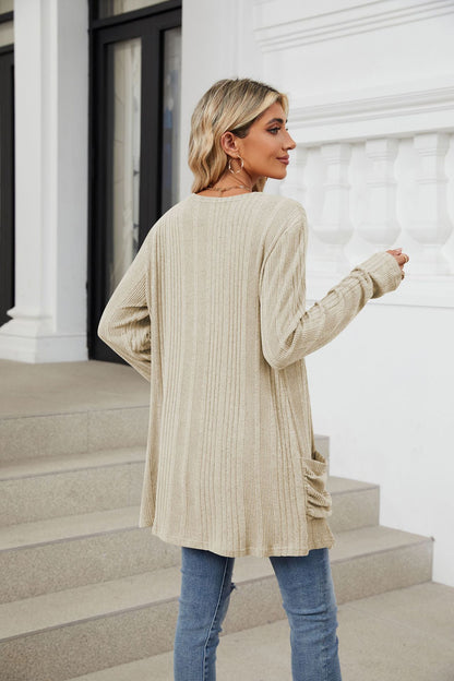 Women's Long Sleeve Ribbed Open Front Cardigan Pockets
