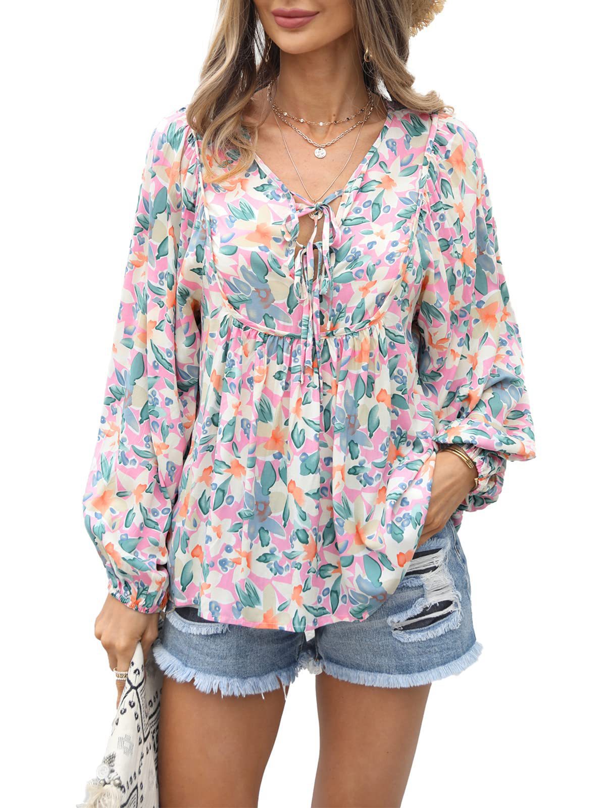 Floral print tie neck blouse with ruffle peplum