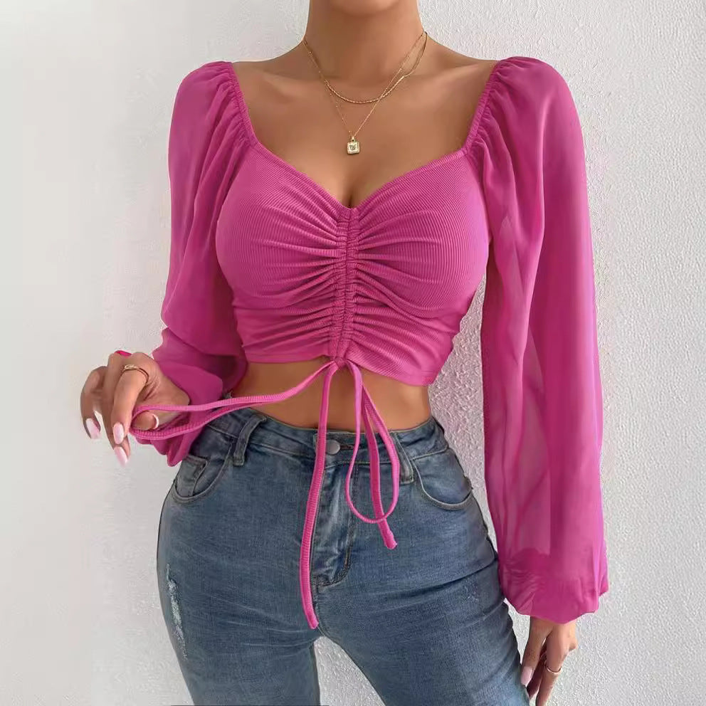 Women's Ruched Tie Front Crop Top Sheer Puff Sleeve Blouse