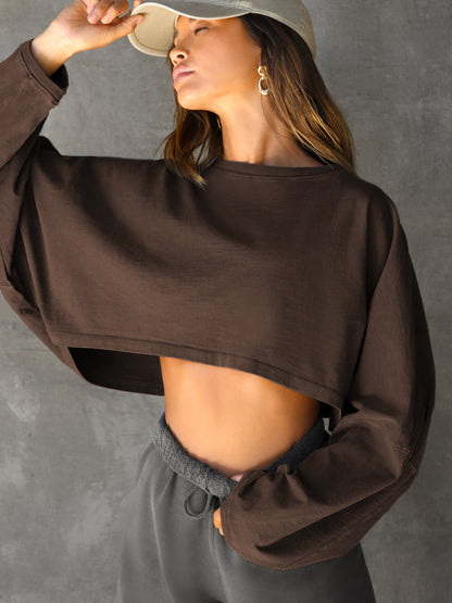 Women's Long Sleeve Oversized Cropped Crew Neck Sweatshirt
