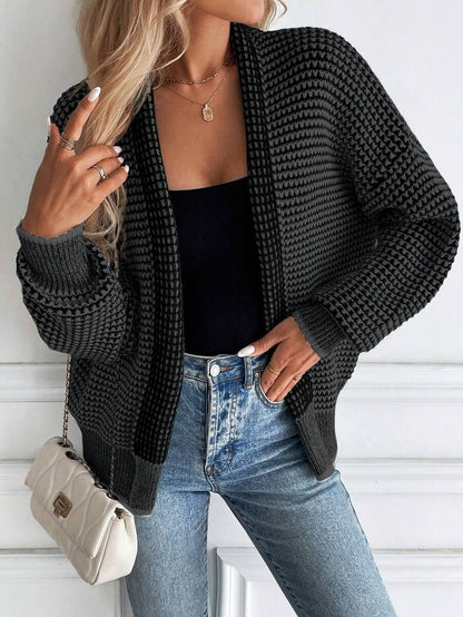 Women's Houndstooth Chunky Knit Open Front Cardigan