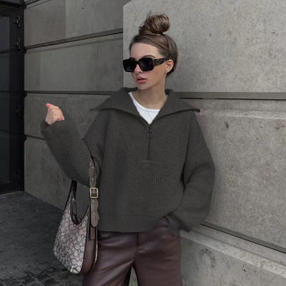 Women's Oversized Half Zip Collared Knit Sweater Pullover