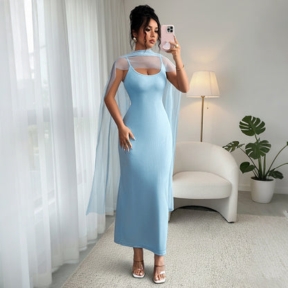 Blue Bodycon Maxi Dress with Sheer Scarf Elegant Party
