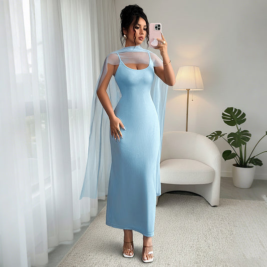 Blue Bodycon Maxi Dress with Sheer Scarf Elegant Party