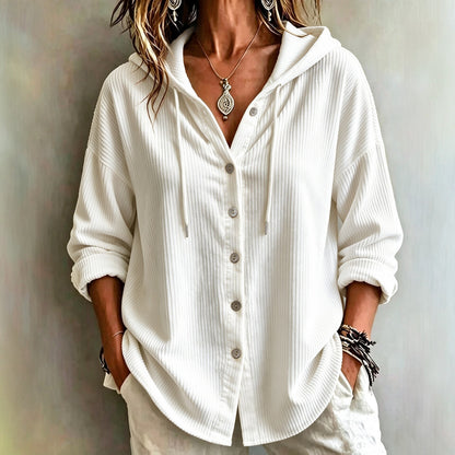 Womens Corduroy Hooded Button Down Shirt Jacket