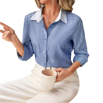Women's Blue Striped Contrast Collar Long Sleeve Blouse