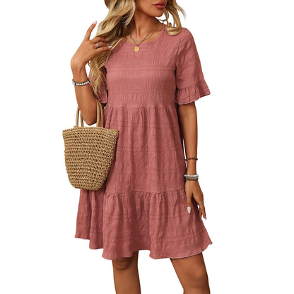 Textured Smocked Short Sleeve Tiered Midi Dress