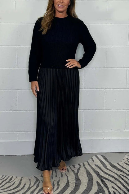 Women's Colorblock Ribbed Pleated Maxi Dress Long Sleeve