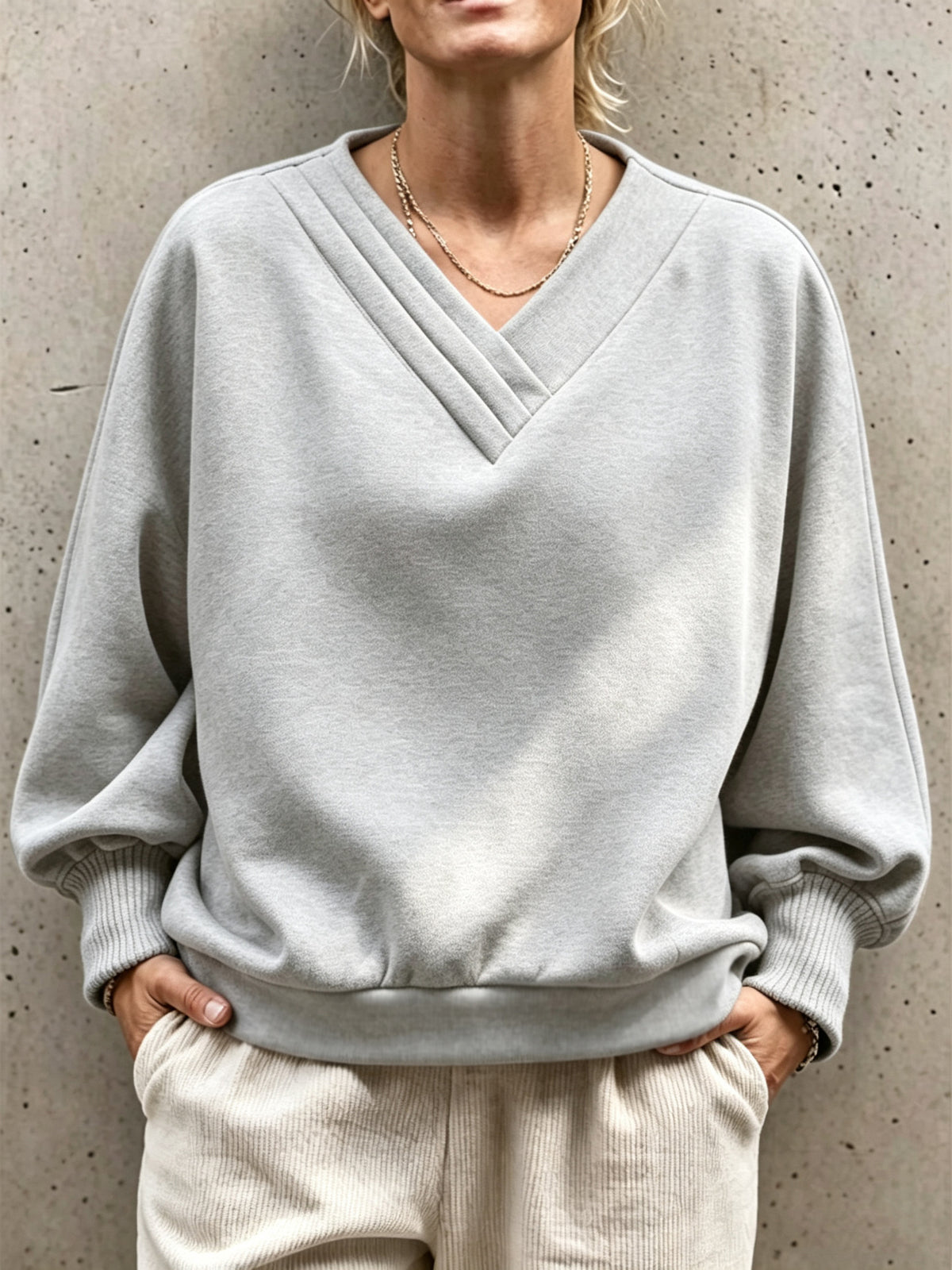 Oversized V Neck Sweatshirt Women Balloon Sleeve Pullover