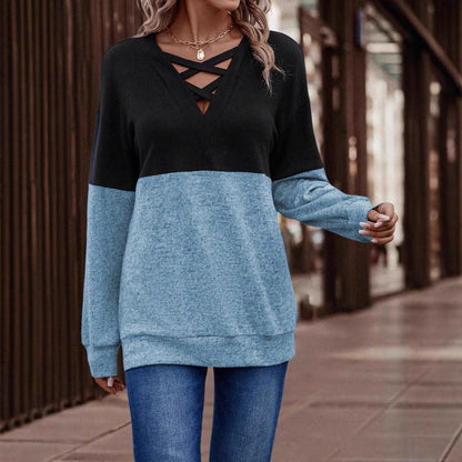 Women's Color Block Criss Cross V Neck Long Sleeve Top