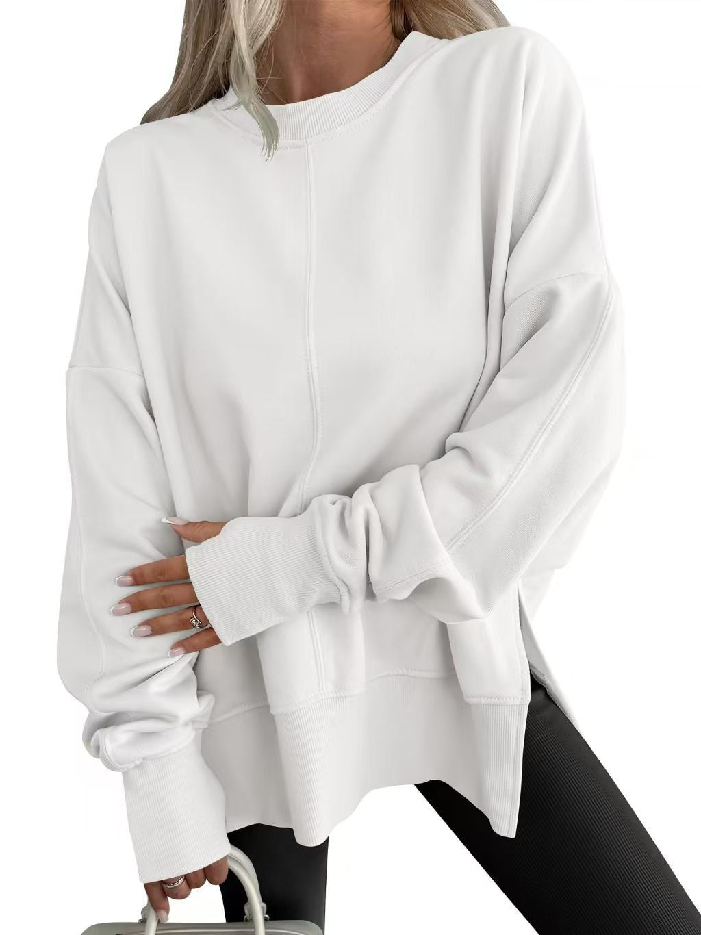 Oversized Crewneck Sweatshirt Batwing Side Slit Fleece