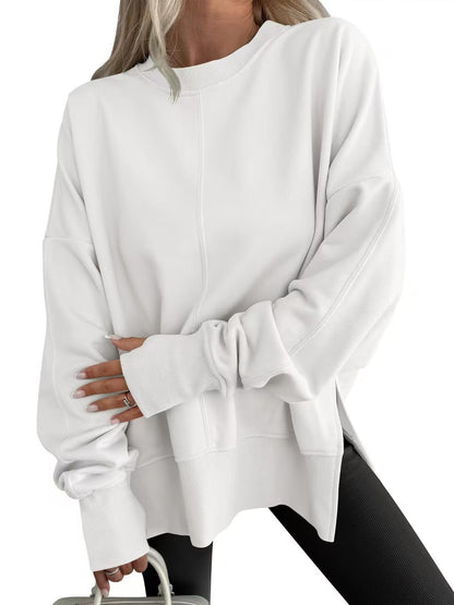 Oversized Crewneck Sweatshirt Batwing Side Slit Fleece