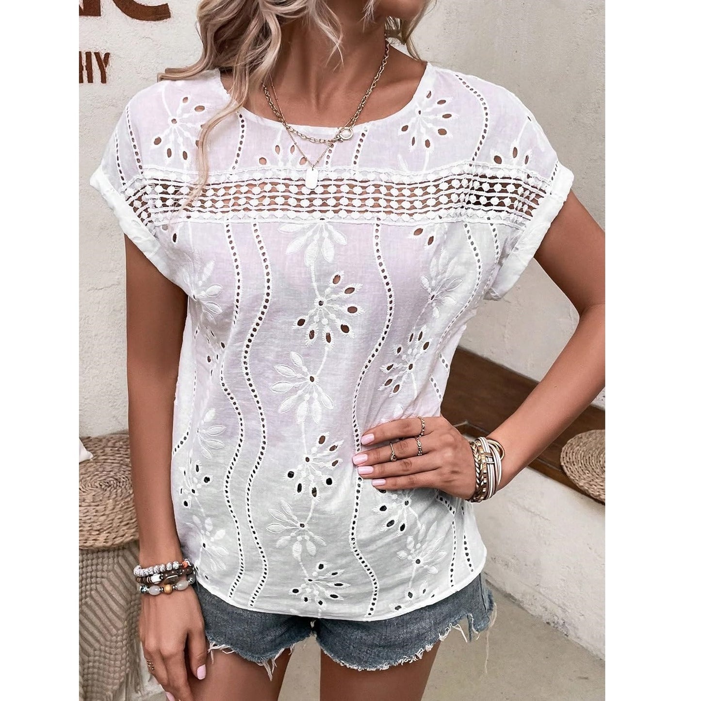 Summer Short Sleeve Eyelet Top with Lace Detail