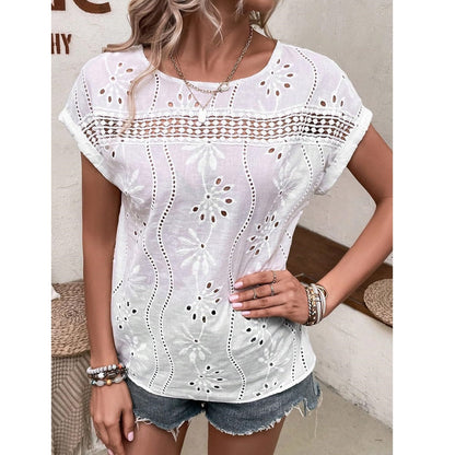 Summer Short Sleeve Eyelet Top with Lace Detail