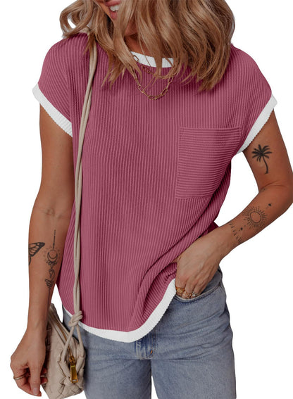 Women's Ribbed Color Block Pocket Tee Short Sleeve