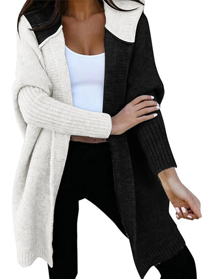Oversized Hooded Color Block Open Front Long Cardigan