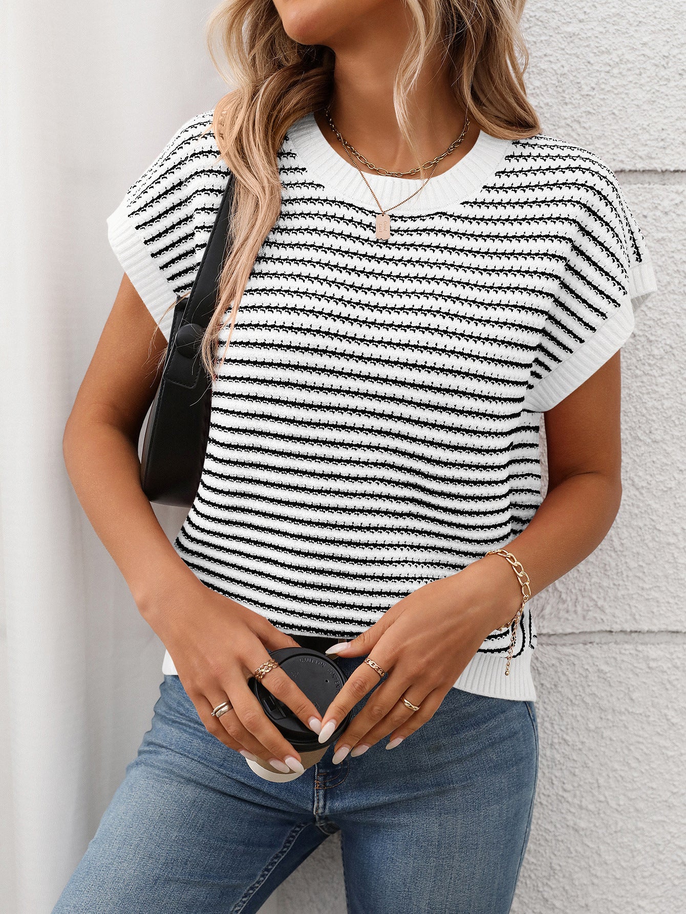 Crew Neck Striped Knit Sweater