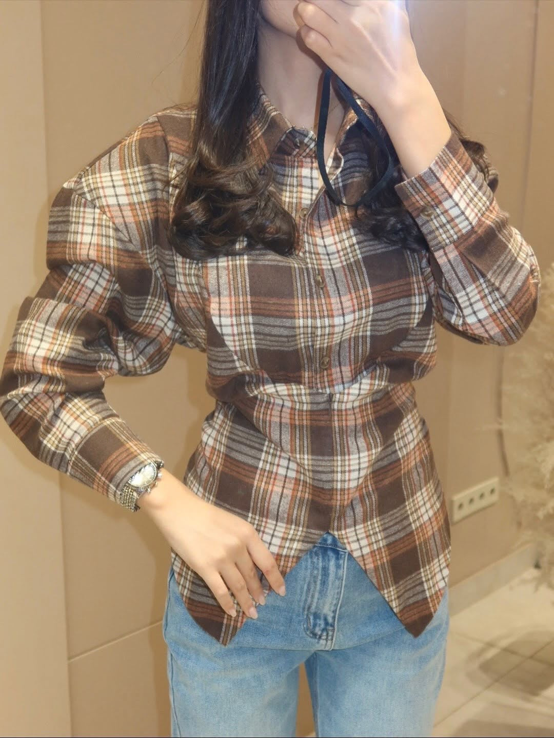 Women's Plaid Cinched Waist Long Sleeve Button-Up Shirt