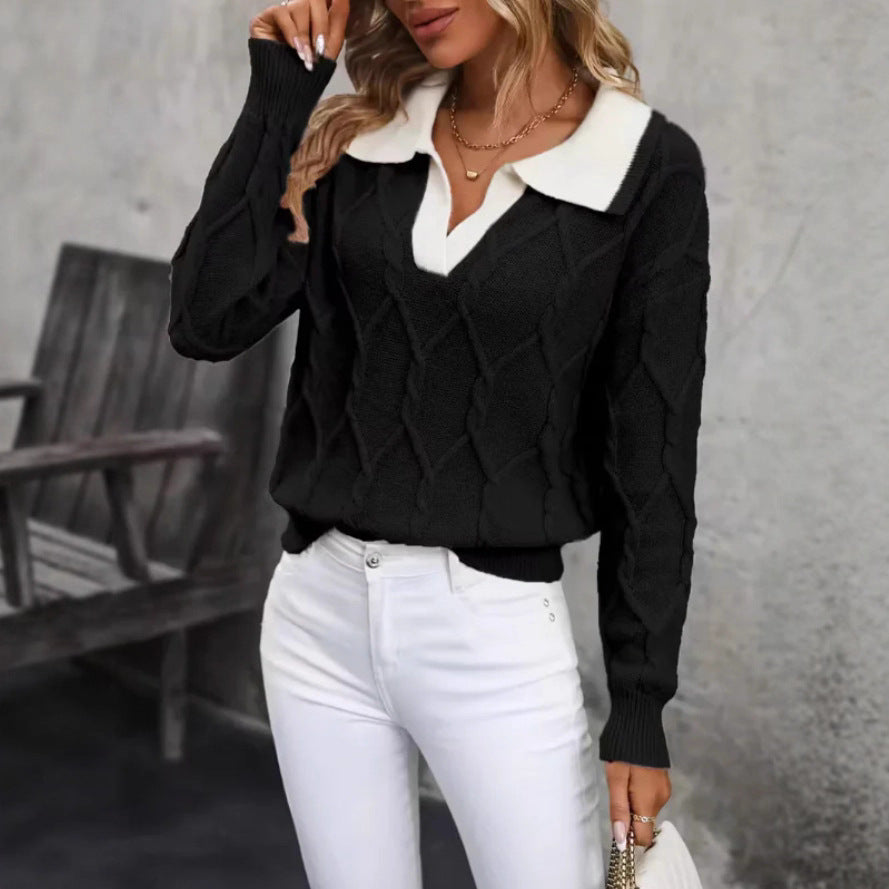 Women's Collared V Neck Colorblock Knit Sweater