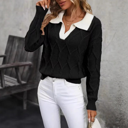 Women's Collared V Neck Colorblock Knit Sweater