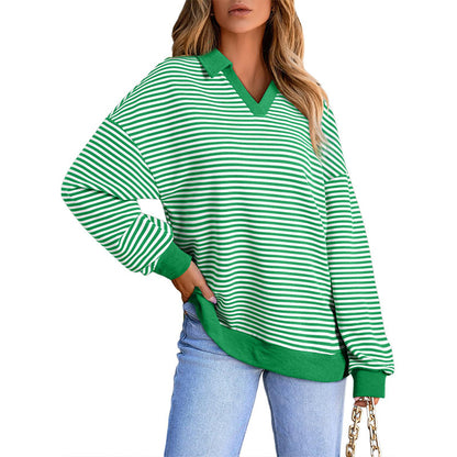 Women's Striped V-Neck Collared Long Sleeve Sweatshirt