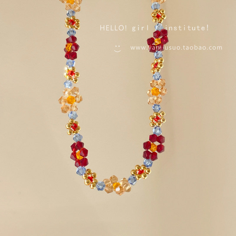 Boho Vintage Handmade Beaded Flower Necklace Bracelet Set