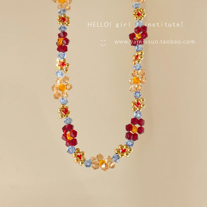 Boho Vintage Handmade Beaded Flower Necklace Bracelet Set