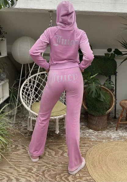 Y2K Rhinestone Velour Tracksuit 2 Piece Matching Set