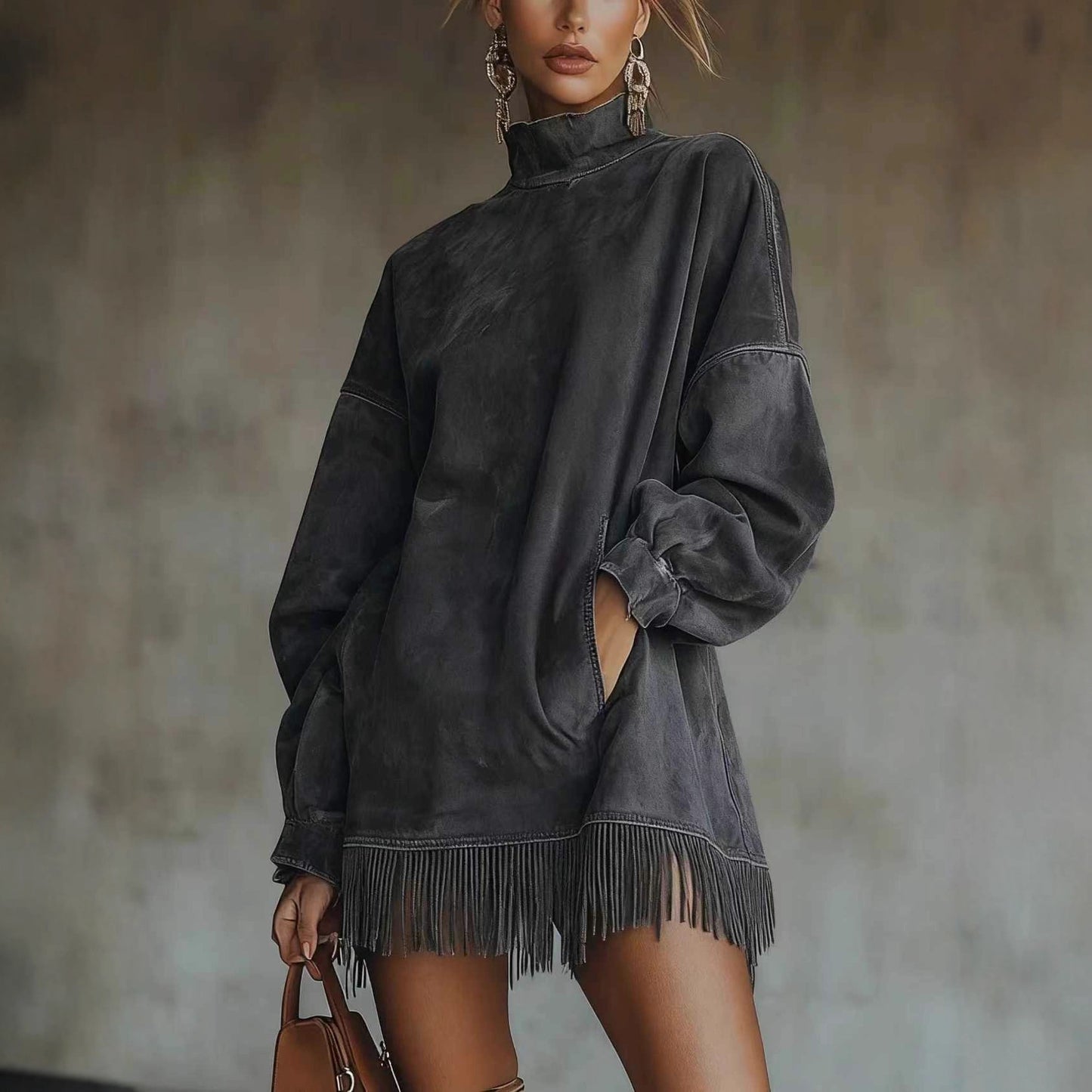Mock Neck Suede Fringe Dress Long Sleeve Pockets
